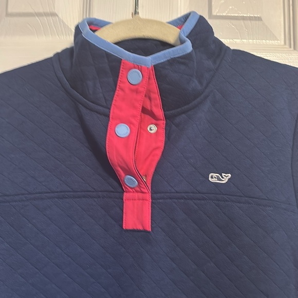 Vineyard Vines quilted snap mock neck pullover in navy blue and pink size XS - Picture 2 of 9